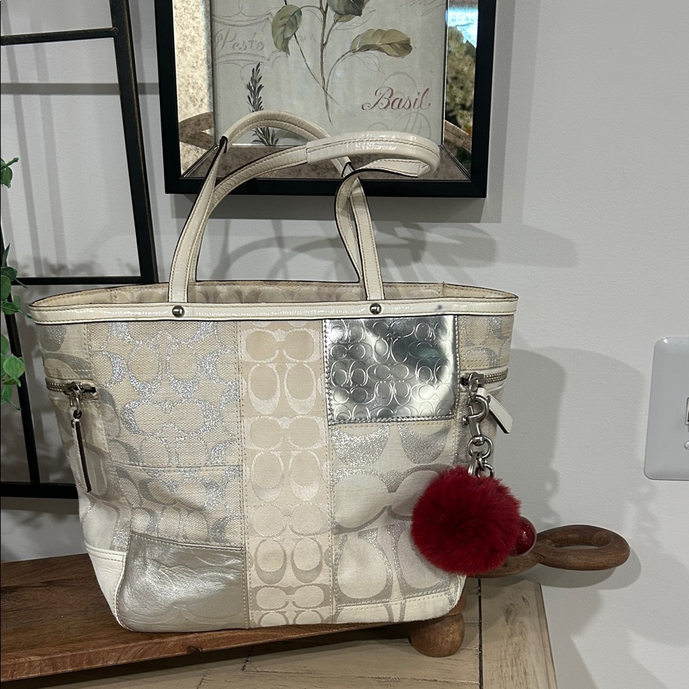 Coach Metallic Silver and Cream Patchwork Tote - Picture 7 of 7